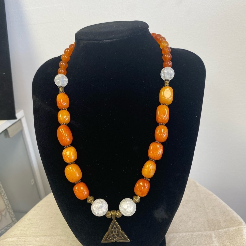 Orange and white Quartz Necklace with Triquetra Pendant